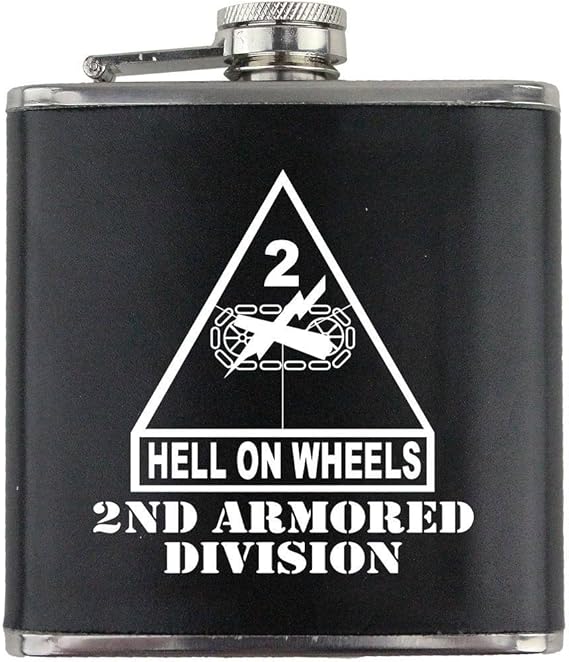 Army 2nd Armored Division Subdued Stainless Steel Leather Wrapped 6oz. Flask