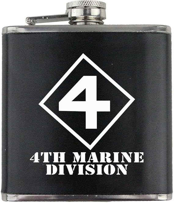 Army 4th Marine Division Subdued Stainless Steel Leather Wrapped 6oz. Flask