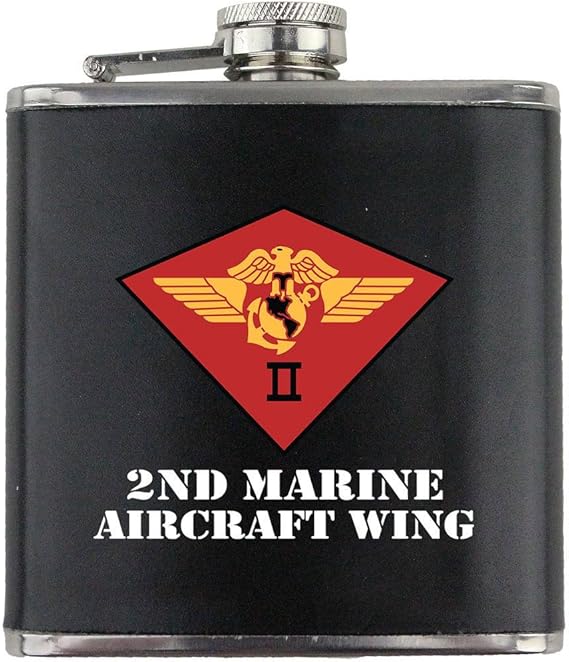 2nd Marine Aircraft Wing Full Color Stainless Steel Leather Wrapped 6oz. Flask