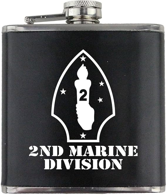 2nd Marine Division Subdued Stainless Steel Leather Wrapped 6oz. Flask