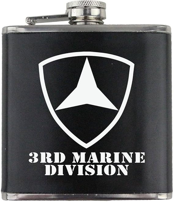 Army 3rd Marine Division Subdued Stainless Steel Leather Wrapped 6oz. Flask