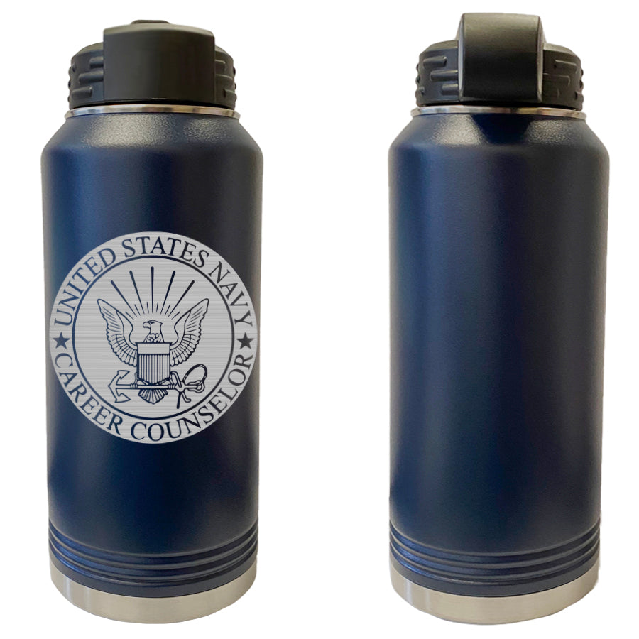 Laser Engraved Vacuum Sealed Water Bottles 32oz - Navy Badges Water Bottles LEWB.0012.N