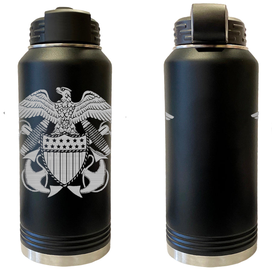 Laser Engraved Vacuum Sealed Water Bottles 32oz - Navy Badges Water Bottles LEWB.0043.B