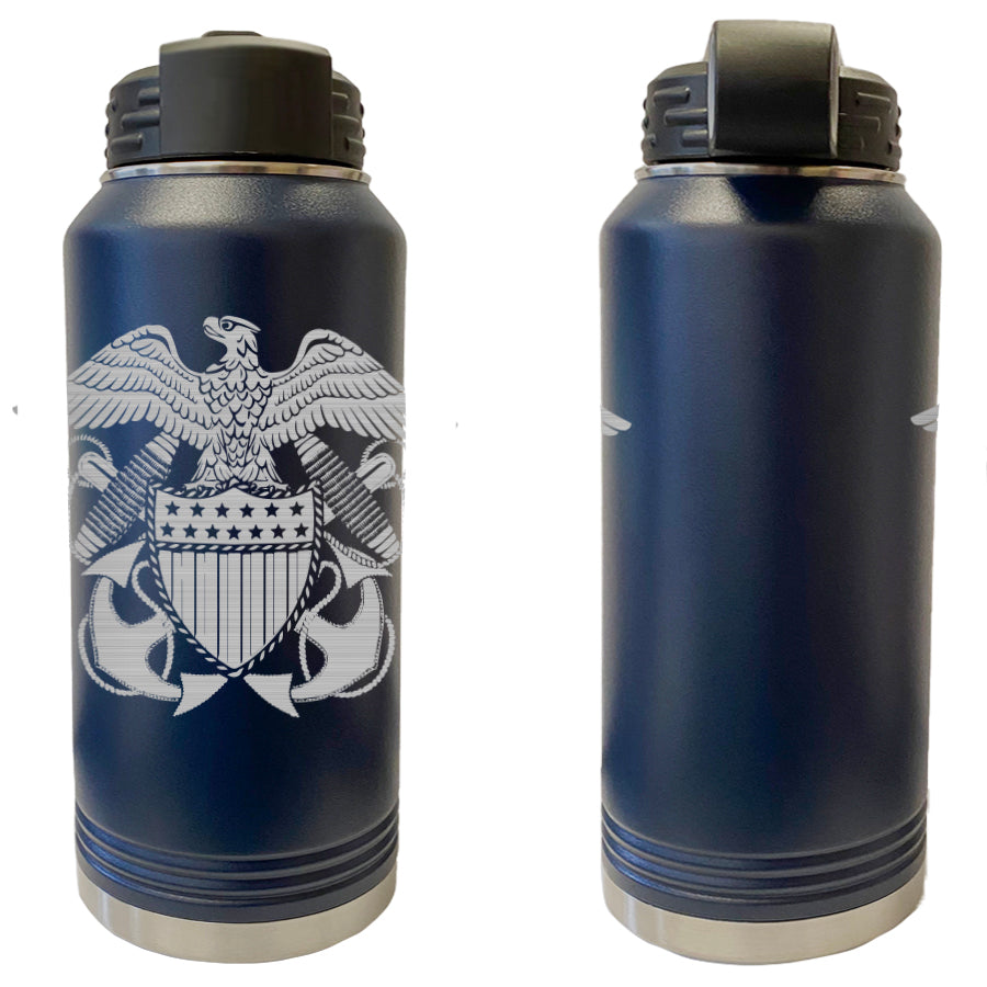 Laser Engraved Vacuum Sealed Water Bottles 32oz - Navy Badges Water Bottles LEWB.0043.N