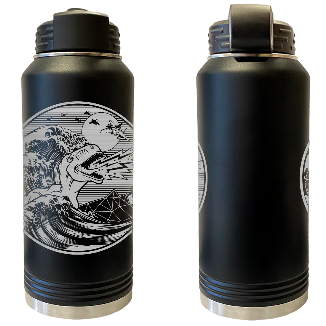 The Great Wave (Featuring T-Rex and F-15) Laser Engraved Vacuum Sealed Water Bottles 32oz Water Bottles LEWB.0175.B