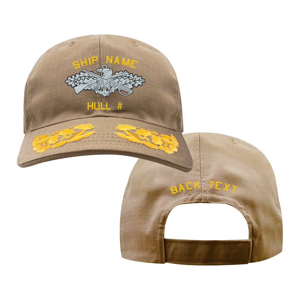 U.S. Navy Custom Ship Cap - Coyote - Admiral Scrambled Eggs - Navy Enlisted Seabee Combat Warfare Insignia Hats and Caps 